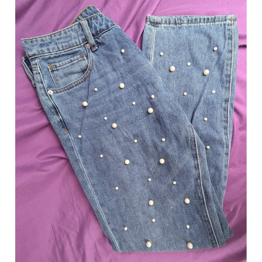 ASHLEY MASON Blue Pearl-Bead Embellished Straight Leg 5/27 Whisker Fade